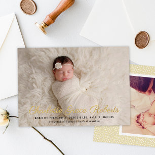 Goldfolie Schrift Baby Foto Geburtsanzeige Folieneinladung