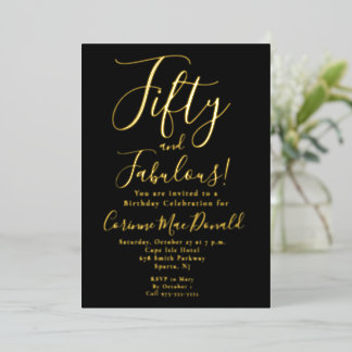 Goldfolie Schwarz Fifty & Fabulous 50. Geburtstag Folieneinladung