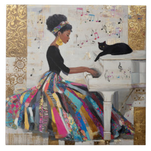 Goldfolie Schwarze Pianistin und Katze Fliese