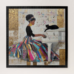 Goldfolie Schwarze Pianistin und Katze Puzzle