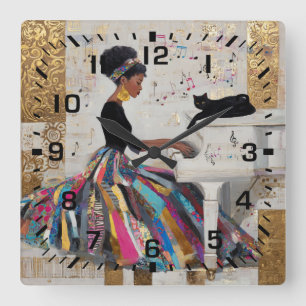 Goldfolie Schwarze Pianistin und Katze Quadratische Wanduhr