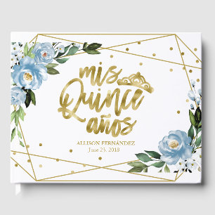 Goldfolie Staubblau Florales Quinceanera-Party Gästebuch