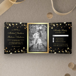 Goldfolie Sterne Konfetti Schwarze Hochzeit Dreifach Gefaltete Einladung