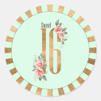 Goldfolie Streifen 16 . Geburtstag Mint Green ID75 Runder Aufkleber