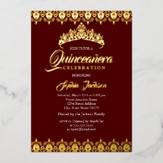 Goldfolie Tiara Burgundy Quinceanera Folieneinladung