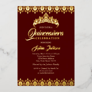 Goldfolie Tiara Burgundy Quinceanera Folieneinladung