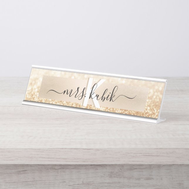 Goldfolie und Glitzer Lehrer Schreibtisch Namenssc Schreibtischnamensplakette (Vorderseite )