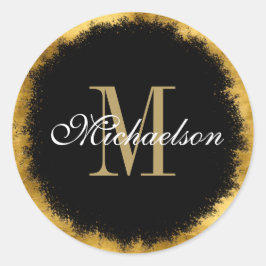 Goldfolie und Schwarzes Monogramm Runder Aufkleber