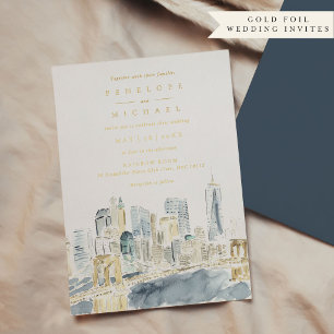 Goldfolie Wasserfarbe New York City Hochzeit Folieneinladung