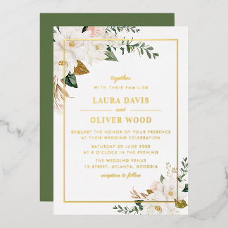 Goldfolie weiße Magnolien-Blumen-Hochzeitseinladun Folieneinladung