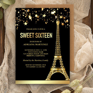 Goldfolien-Sterne Eiffelturm Schwarz Sweet Sixteen Einladung