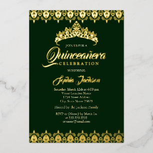 Goldfolien-Tiara Smaragd Quinceanera Folieneinladung