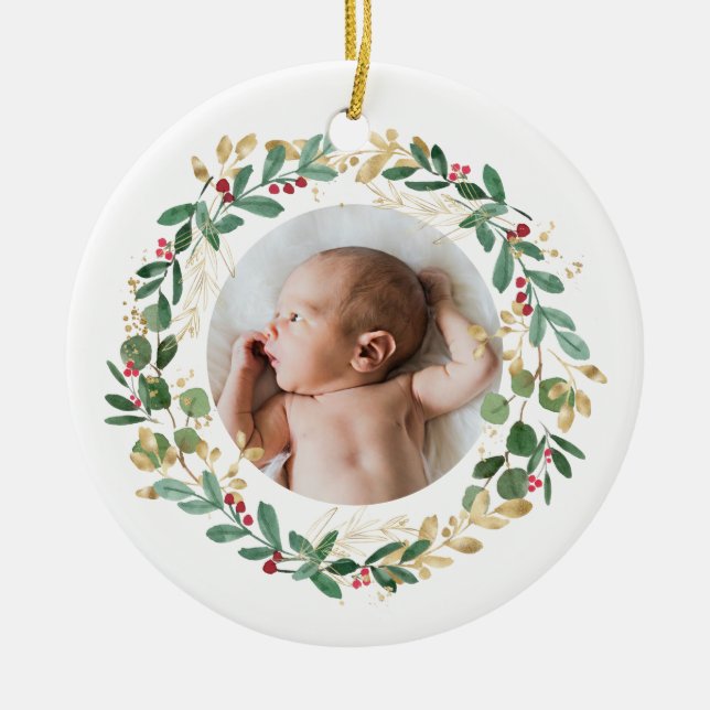 Goldfolienkranz | Baby First Christmas Blue Keramik Ornament (Vorne)