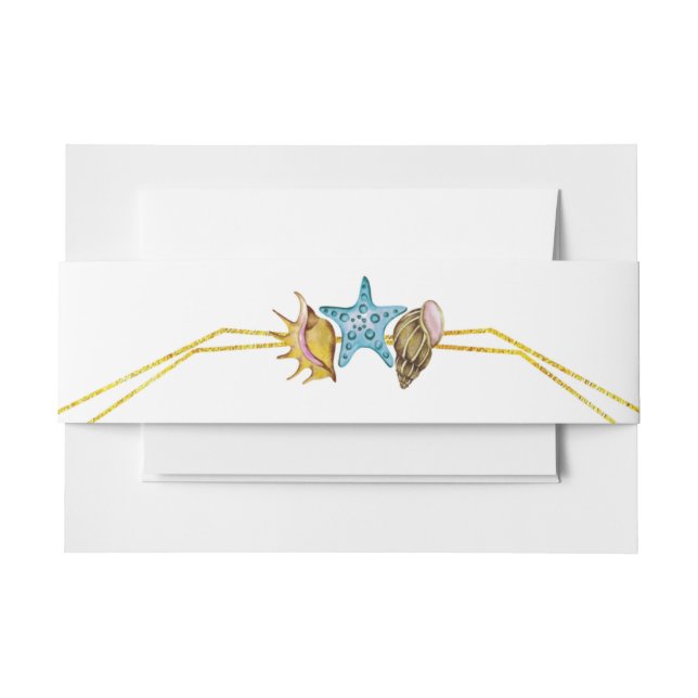 Goldfolienlinien und Muscheln Hochzeit am Strand Einladungsbanderole (Vorderseite Beispiel)