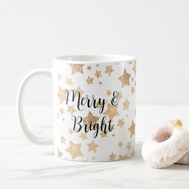 Goldfunkel Sterne Weihnachten Merry Biright weiß Kaffeetasse (Mit Donut)