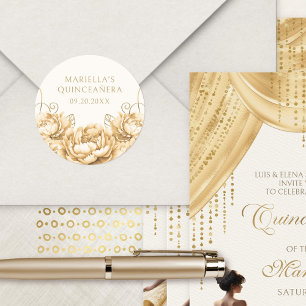 Goldgelbe florale elegante Quinceanera Runder Aufkleber