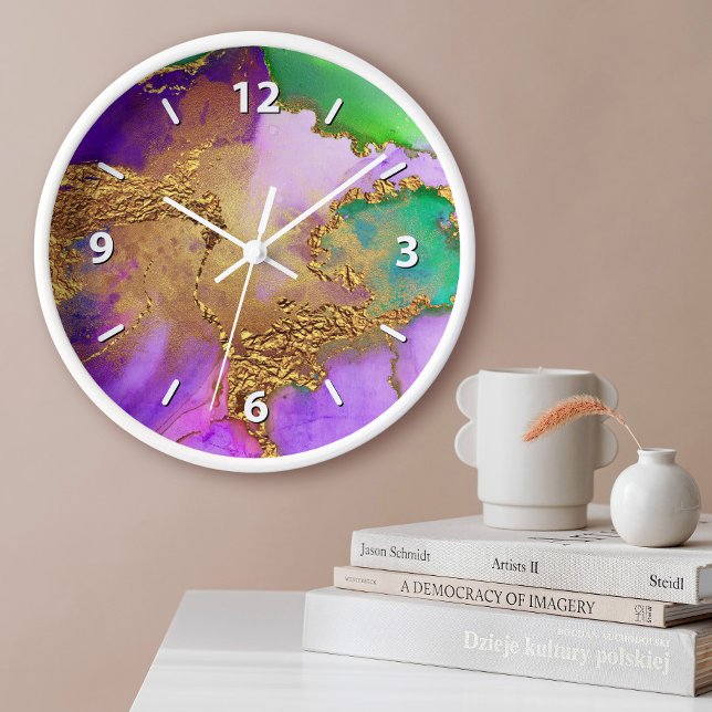 Goldgelbe lila Aqua-Chic-Glam-Age Aquarell Uhr (Choose from round, square & wood frame options!)