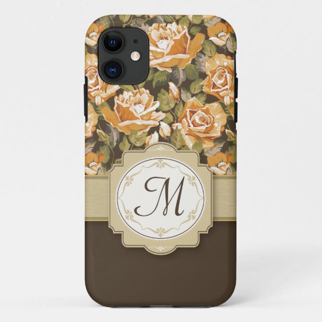 Goldgelbe Rosen auf Brown mit Monogramm Case-Mate iPhone Hülle (Rückseite)