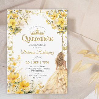 Goldgelbe Tiara Blumen Schmetterling Quinceañera  Einladung