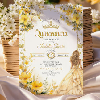 Goldgelbe Tiara Blumen Schmetterlinge Quinceañera Einladung
