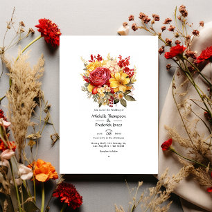 Goldgelbe und Lippenstift-rote Florale Hochzeit Einladung
