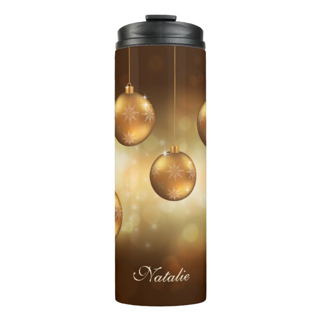 Goldgelbe Weihnachtsbaumchen mit Individuelle Name Thermosbecher (Vorderseite)
