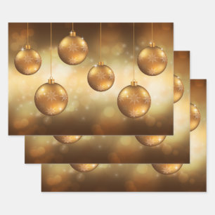 Goldgelbe Weihnachtsbaumkugeln auf gelbem Bokeh Geschenkpapier Set