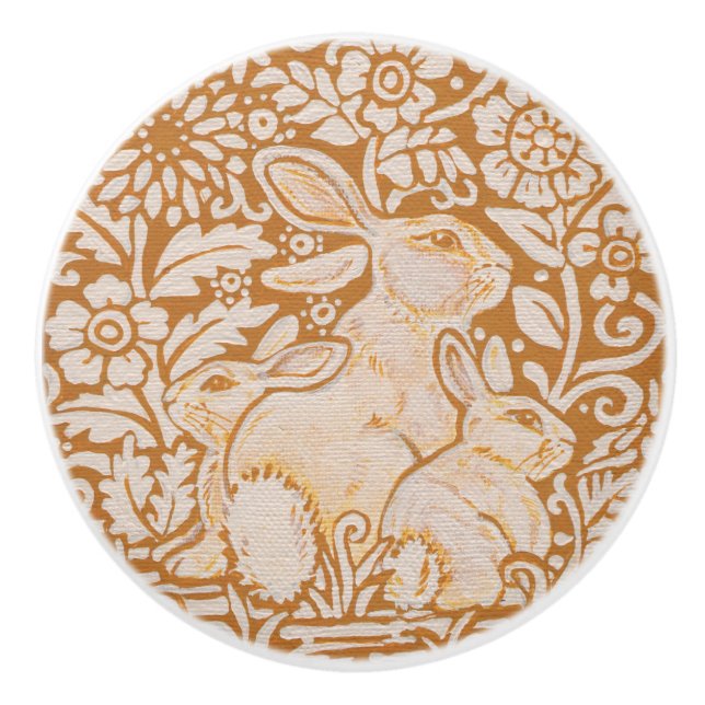 Goldgelber, weißer Kaninchenzieher Keramikknauf (Vorderseite)