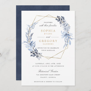 Goldgeometrische Blütenblauer Blätter Rahmen Hochz Einladung