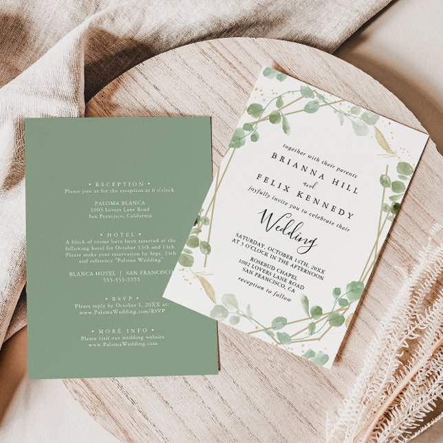 Goldgeometrische Eukalyptus-Hochzeit Einladung (Von Creator hochgeladen)