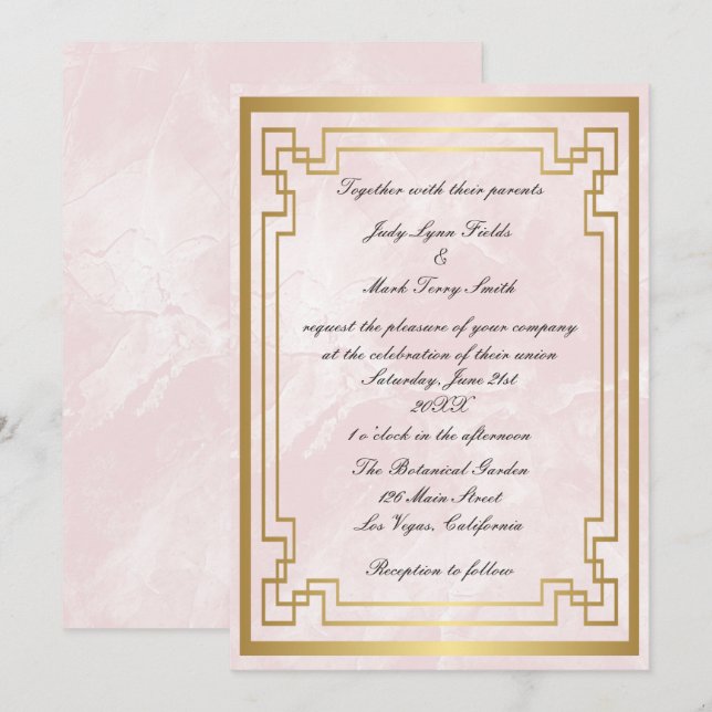Goldgeometrische Rahmen rosa Marmorverkleidung Einladung (Vorne/Hinten)