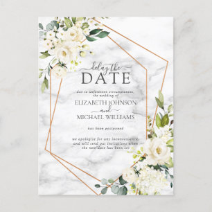 Goldgeometrische weiße Blütenmarmor Verzögerung de Ankündigungspostkarte