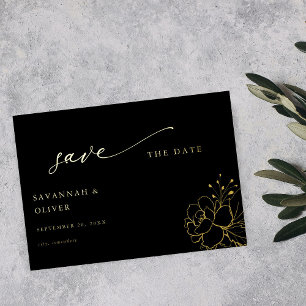 Goldgeprägte Floral Save-the-Date-Karte - Schwarz Folieneinladung