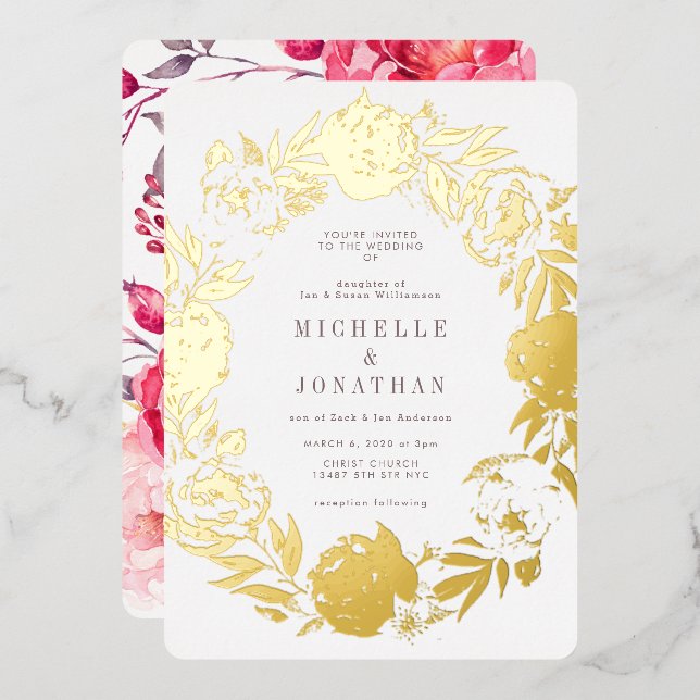 Goldgepresste Blume Wreath-Hochzeit Folieneinladung (Vorderseite/Rückseite)