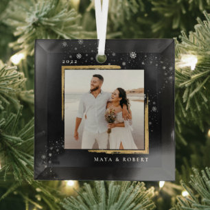 Goldgerahmtes Weihnachtsfoto Ornament Aus Glas