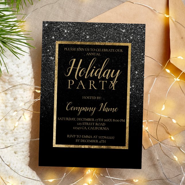 Goldgeschäft für den schwarzen Glitzer - Weihnacht Einladung (Black glitter gold business corporate Christmas Invitation)
