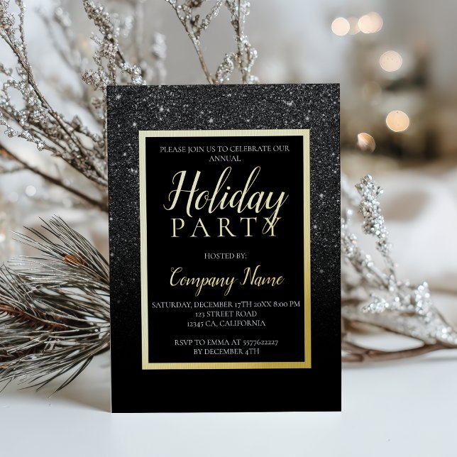 Goldgeschäft für den schwarzen Glitzer - Weihnacht Folieneinladung (Black glitter gold business corporate Christmas Foil Invitation)