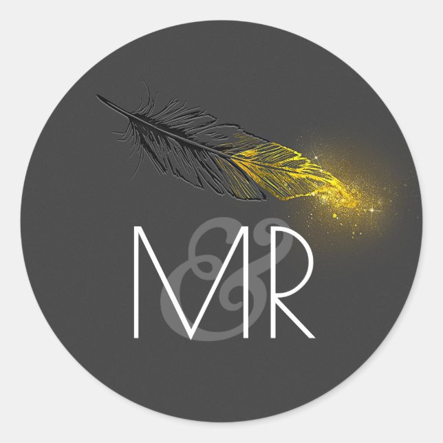 Goldgetauchte Feather Glitzer Black Wedding Runder Aufkleber (Vorderseite)