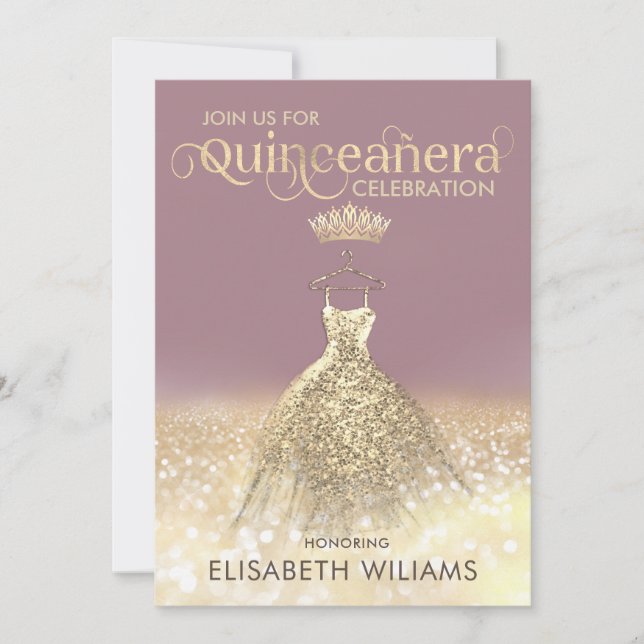 Goldglanzkleid ombre tiara Quinceañera, glänzender Einladung (Vorderseite)