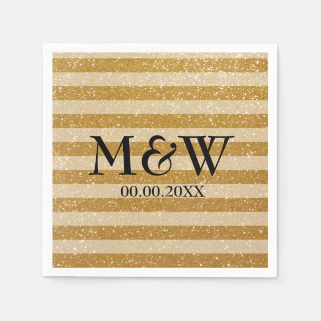 Goldglatter, gestreifter Monogramm-Hochzeitsnapkin Serviette (Vorderseite)