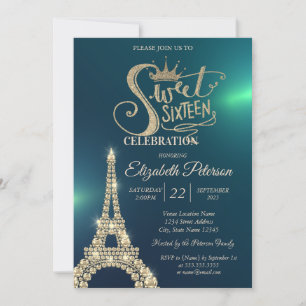 Goldglitter-Tiara, Diamanten Eiffelturm Grün Einladung