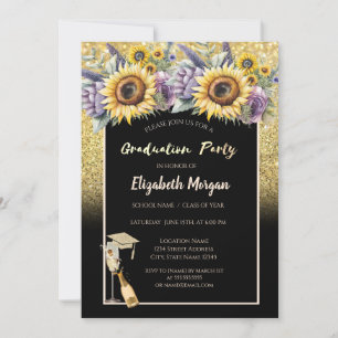 Goldglitter, Wein, Glas, Sonnenblumen Veilchenblum Einladung
