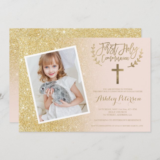 GoldGlitterkreuzrosa-Foto erste heilige Kommunion Einladung (Vorne/Hinten)