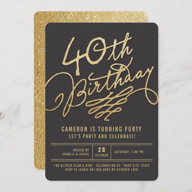 GoldGlitzer-bezaubernder Erwachsen-laden 40. Einladung (Vorne/Hinten)