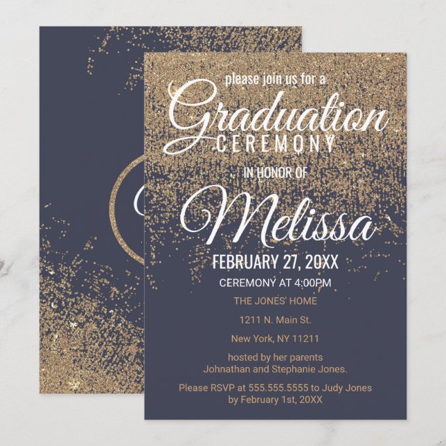 GoldGlitzer-Glitzern-Marine-Blau-Abschluss Einladung (Vorne/Hinten)