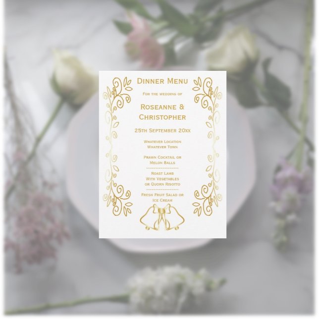 Goldglocken-Design-Hochzeit Menükarte (Gold wedding menu bells and scrollwork design)