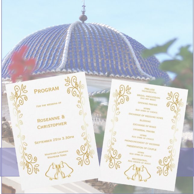 Goldglocken-Design-Hochzeit Programm (Gold bells scrollwork wedding church program)