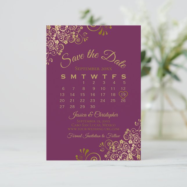 Goldgräber Magenta Lila Hochzeitstag Save The Date (Stehend Vorderseite)