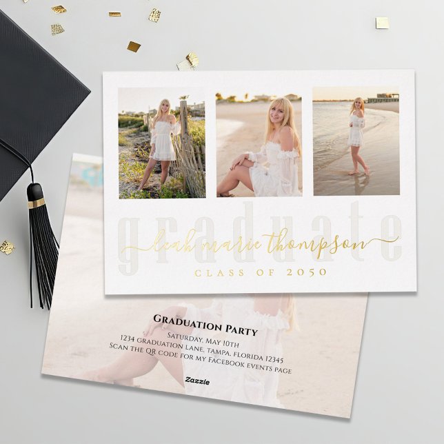 Goldgraduate Calligrafy Foto Collage Folieneinladung (Gold foil graduation photo invitation template. )
