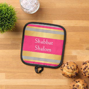 Goldgrau Hot Pink Streifen, Shabbat Schalom Glamou Topflappen